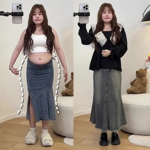 裙子夏新款 复古牛仔鱼尾半身裙女大码 胖mm梨形身材高腰显瘦中长款
