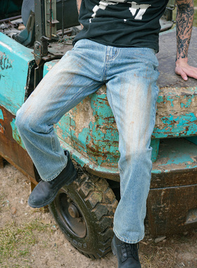 SUC群起基础水洗蓝色抹脏做旧潮流宽松阔腿直筒vintage质感牛仔裤