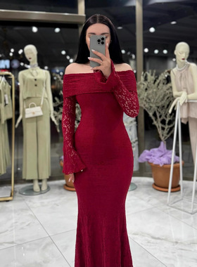 2025跨境女装长裙亚马逊热销一字肩性感蕾丝长袖礼服款连衣裙