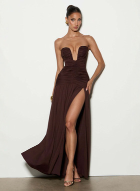 跨境欧美女装2026春夏新款纯色气质抹胸高开叉褶皱性感修身连衣裙