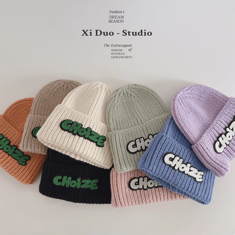 2022冬季新款韩版儿童毛线帽马卡龙色系字母毛巾绣弹力毛线帽子