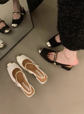 港风晚晚气质粗跟包头凉鞋女春季2025新款爆款法式黑色高跟单鞋子