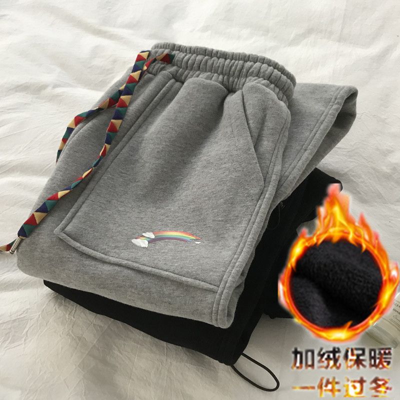 秋冬加绒高腰宽松哈伦运动裤女