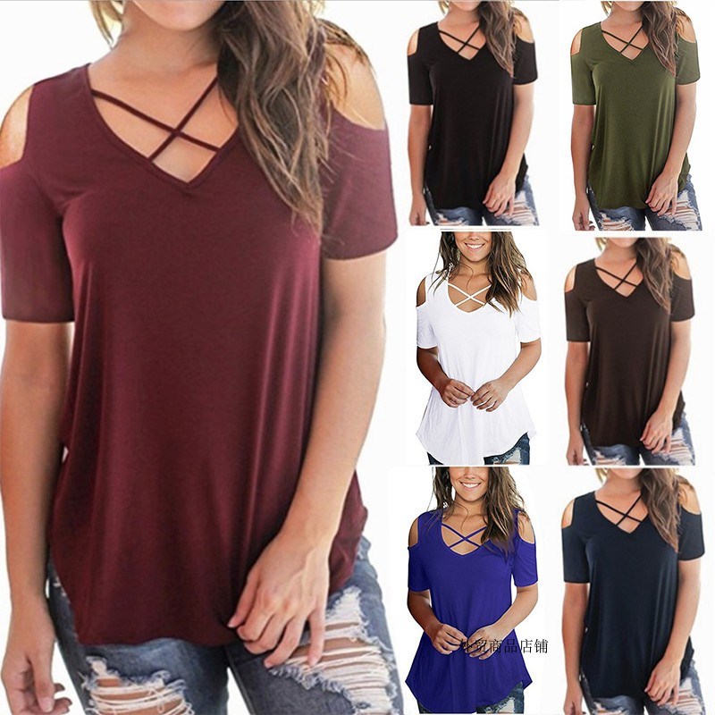 2018 Women v-neck loose t-shirts short sleeves tees宽松T恤女