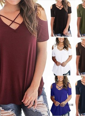 2018 Women v-neck loose t-shirts short sleeves tees宽松T恤女