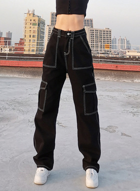 Pockets Patchwork Baggy Jeans Women Denim Trouser Loose Carg