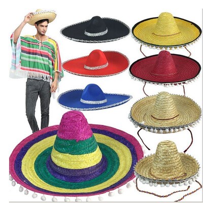 夏威夷墨西哥风情绒球草帽儿童成人Mexican Straw Sombrero Hat