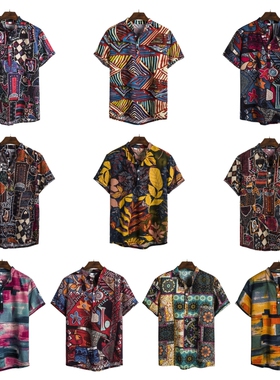National Style Men Shirt Summer Hawaii Holiday Loose Casual