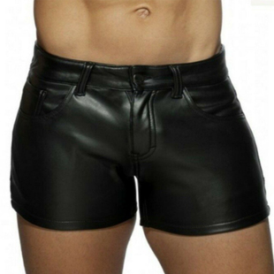 tight Men black shorts男士 黑色紧身皮短裤 leather buttoned