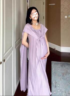 欢乐家长群凌孜景婷婷同款连衣裙女宽松高腰显瘦褶皱披风孕妇裙女