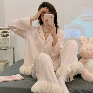 夜色正浓赵玫江疏影同款长袖睡衣女春秋翻领冰雪丝休闲家居服套装