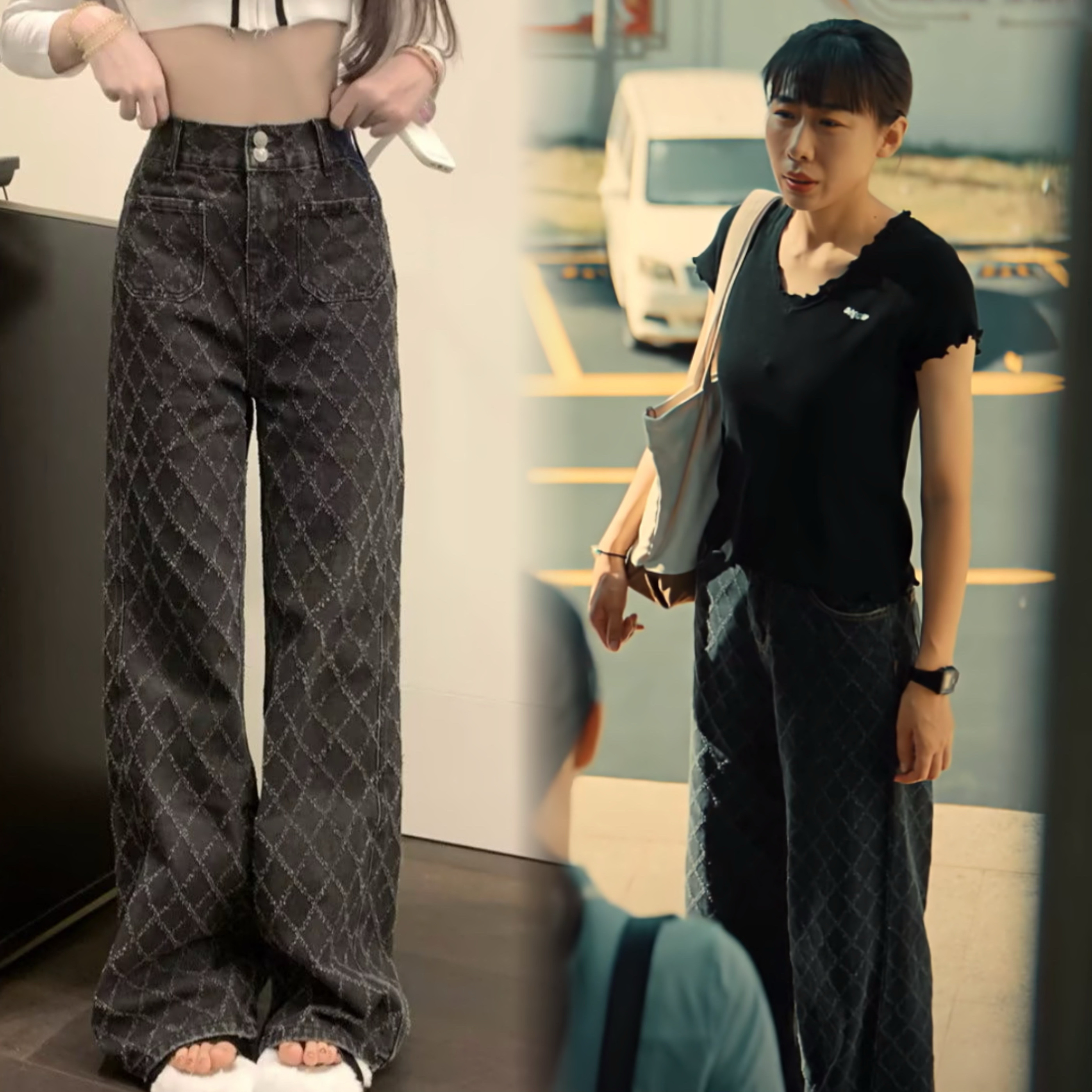 时差一万公里张冉任素汐同款菱格高腰牛仔裤女宽松显瘦直筒阔腿裤