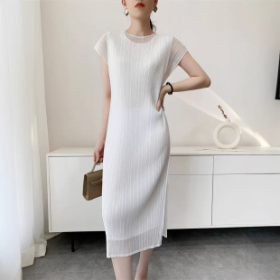 显瘦连衣裙女 褶皱网纱气质长裙法式 隐身 名字刘敏涛倪妮闫妮同款