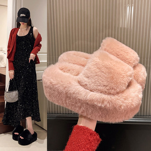 狙击蝴蝶岑矜陈妍希同款毛毛拖鞋女外穿厚底7cm小个子秋冬棉拖鞋