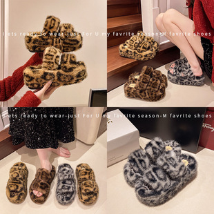 狙击蝴蝶岑矜陈妍希同款厚底毛毛拖鞋女外穿毛茸茸豹纹棉拖毛毛鞋
