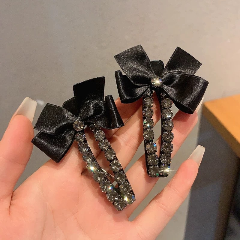 复古时尚黑色蝴蝶结发夹女气质镶钻刘海侧边夹新款百搭碎发夹头饰