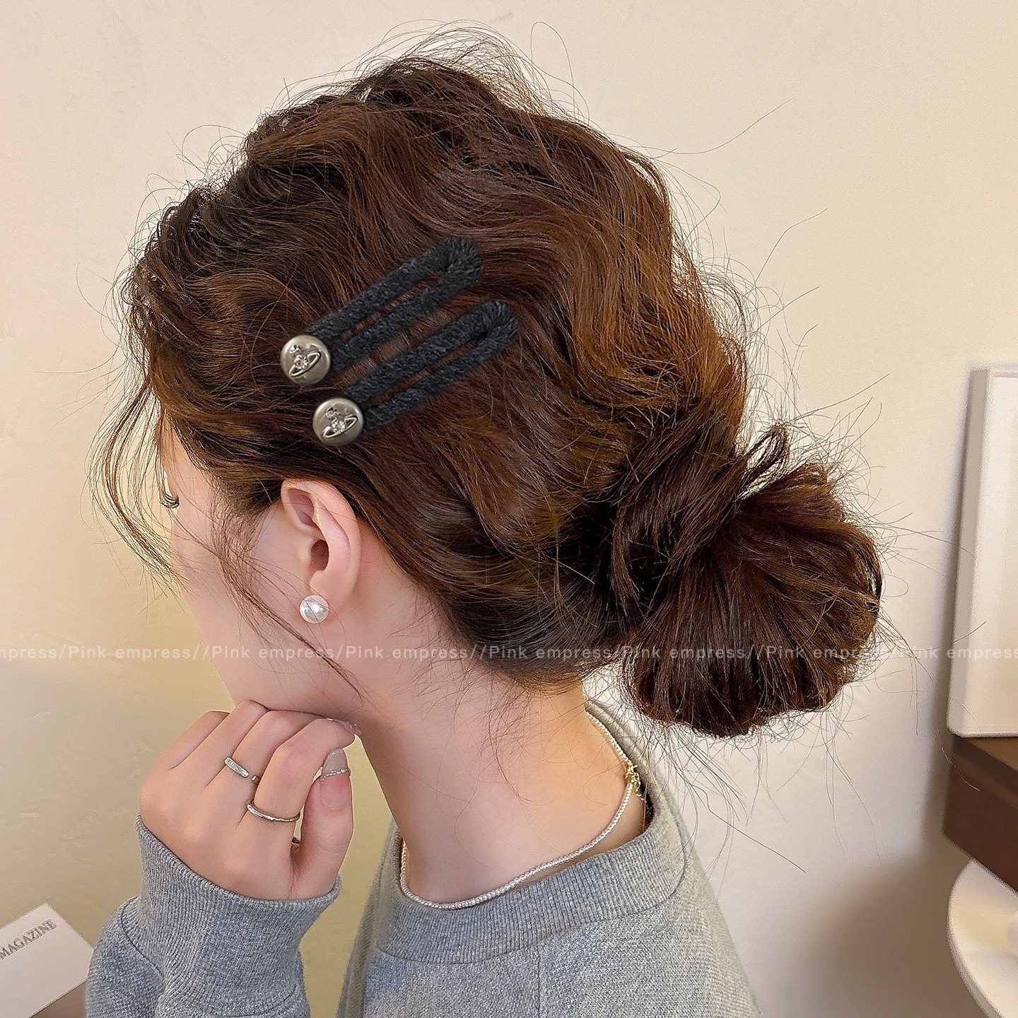 韩系珍珠发夹边夹女秋冬毛绒侧边刘海夹头饰感前额掰掰夹发卡