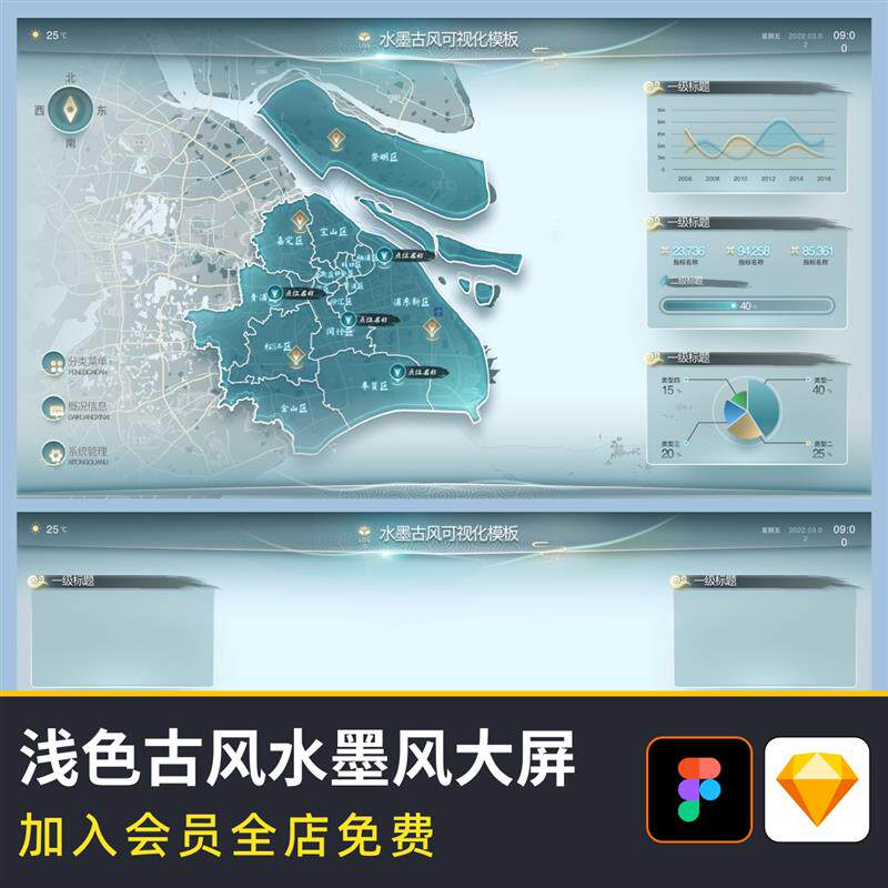 浅色古风水墨风数据可视化大屏素材figma+sketch源文件psd地图
