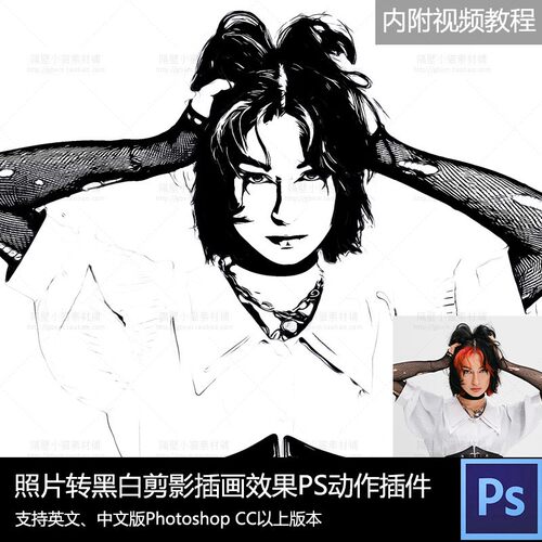 黑白剪影插画效果PS动作 中文版预设素材 海报设计特效与照片转插