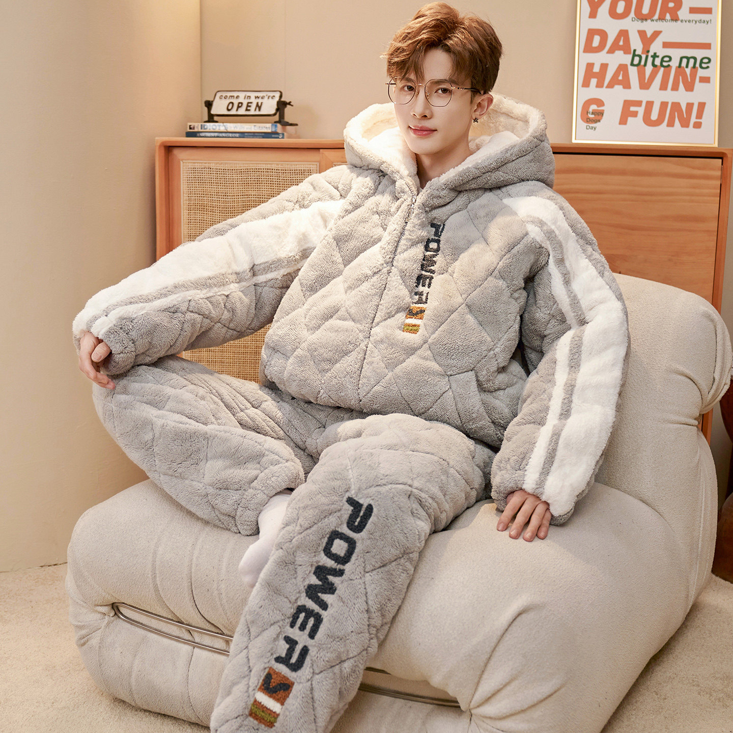 冬季男士棉服套装珊瑚绒加厚加绒