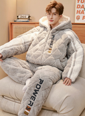 冬季男士棉服套装珊瑚绒加厚加绒法兰绒三层夹棉袄外穿学生中青年