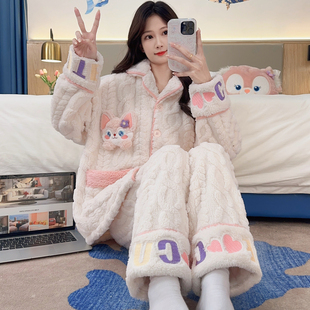 睡衣女款秋冬季新款珊瑚绒加绒加厚可爱女士可外穿家居服套装冬天