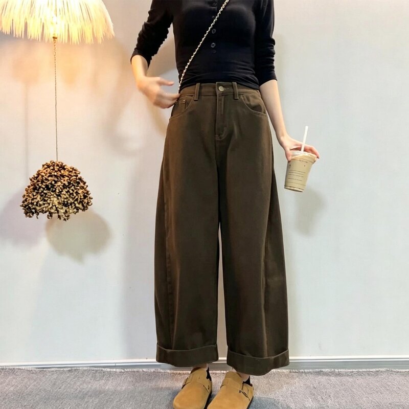大码咖色阔腿牛仔裤女胖mm梨形牛仔裤