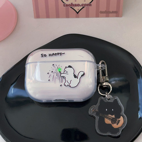 猫咪玩烟花，可爱简约适用苹果耳机保护壳2代1/3/4/5无线蓝牙外壳airpodspro3代耳机套一三四五透明硅胶防摔