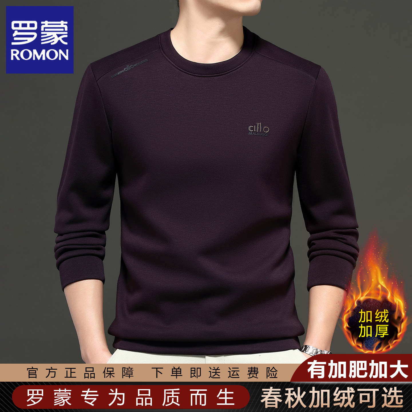 罗蒙2025秋冬季加绒圆领t恤男士长袖加厚保暖男装加肥加大码卫衣