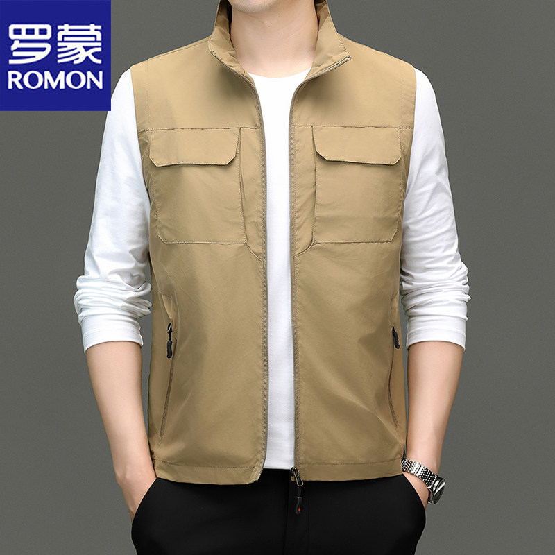 罗蒙马甲男春秋薄款宽松大码户外钓鱼速干运动休闲多口袋工装背心