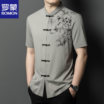 罗蒙男士国风唐装短袖冰丝爸爸装