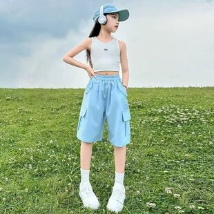 儿童夏装 女童夏季 风格 冰丝材质女大童工装 速干五分可外穿运动中裤