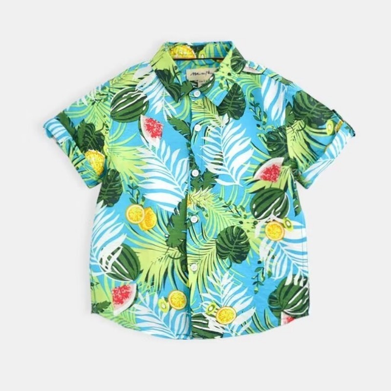 新款2025夏款短袖男童花衬衫薄款炸街海边沙滩度假印花衬衣潮