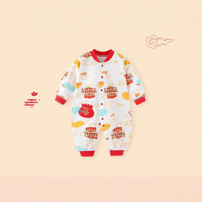 婴儿宝宝连体衣春秋冬款A类纯棉打底新生儿拜年衣服宝宝国风喜庆