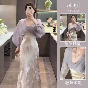 千金大小姐假两件连衣裙女2025女夏季新款设计感提花缎面高级长裙