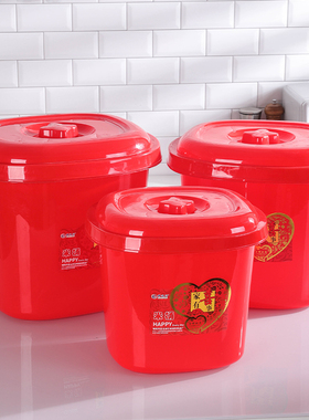 婚庆大红色塑料米桶喜桶厨房防虫防潮米斗米缸储米盛米喜庆收纳桶