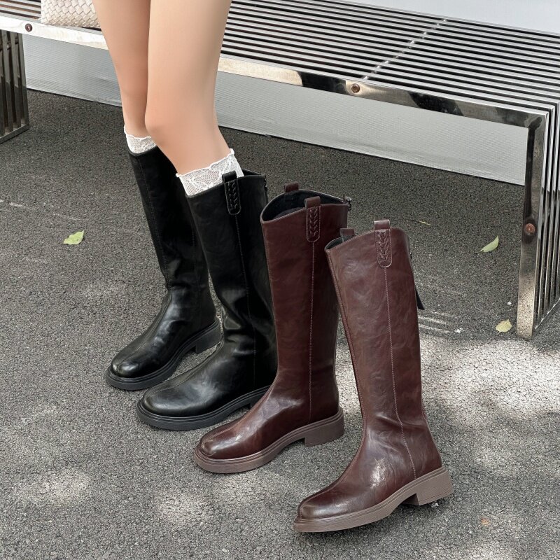 2025新款秋季厚底短靴女不过膝粗跟秋冬新款皮面时装后拉链马丁靴