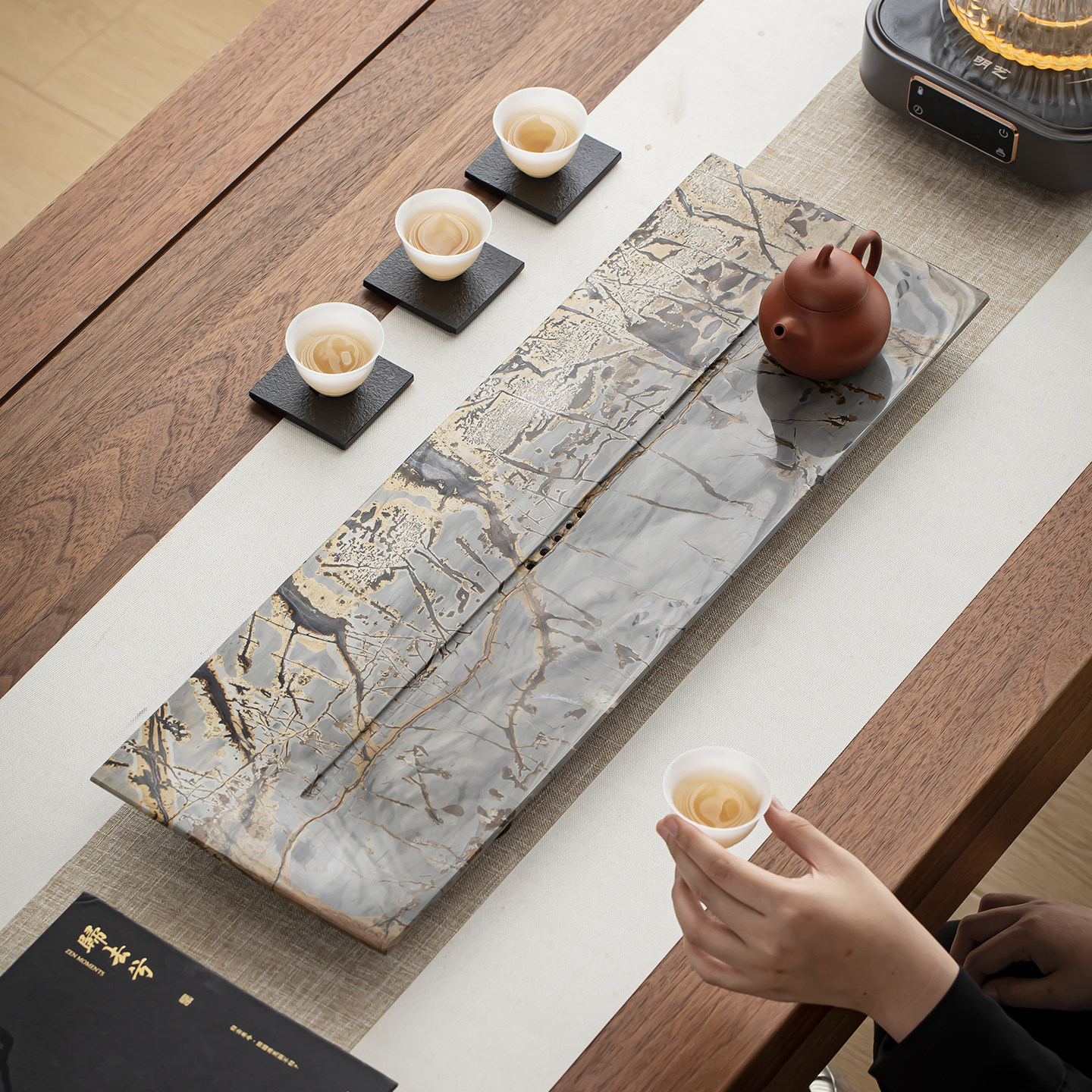 天然乌金石茶盘国画石现代轻奢整茶盘