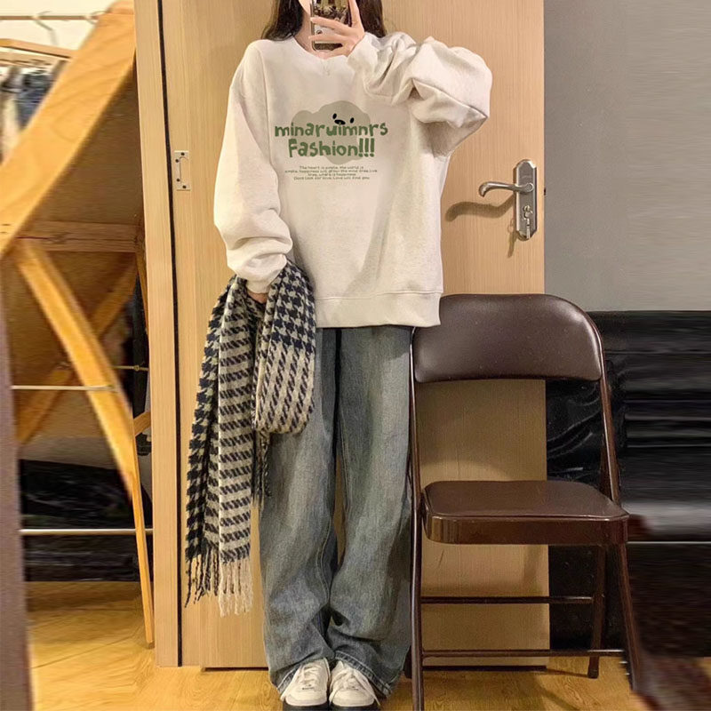早秋新款小个子穿搭套装长袖美式慵懒chic卫衣搭复古牛仔裤两件套