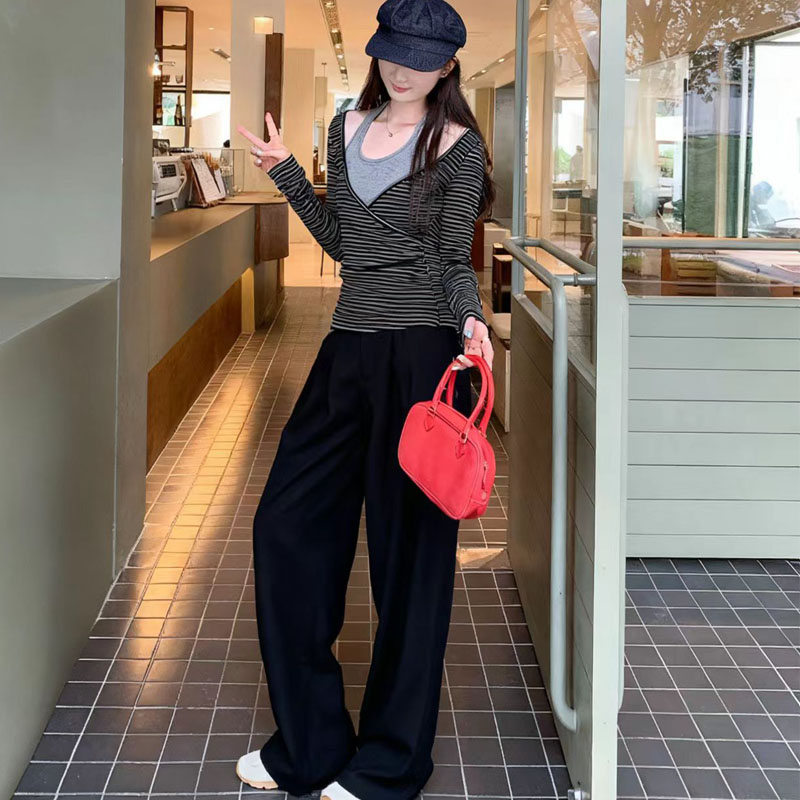 辣妹风假两件条纹交叉露肩上衣穿搭阔腿裤套装小众设计感修身显瘦