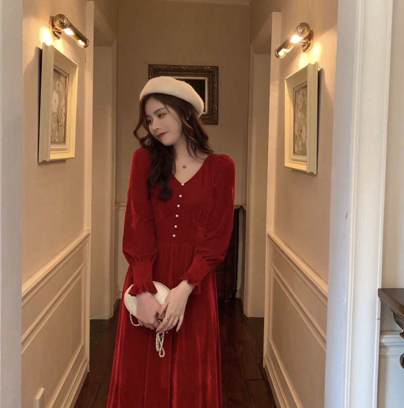 Real price French retro Hepburn court style wine red velvet slim elegant versatile dress