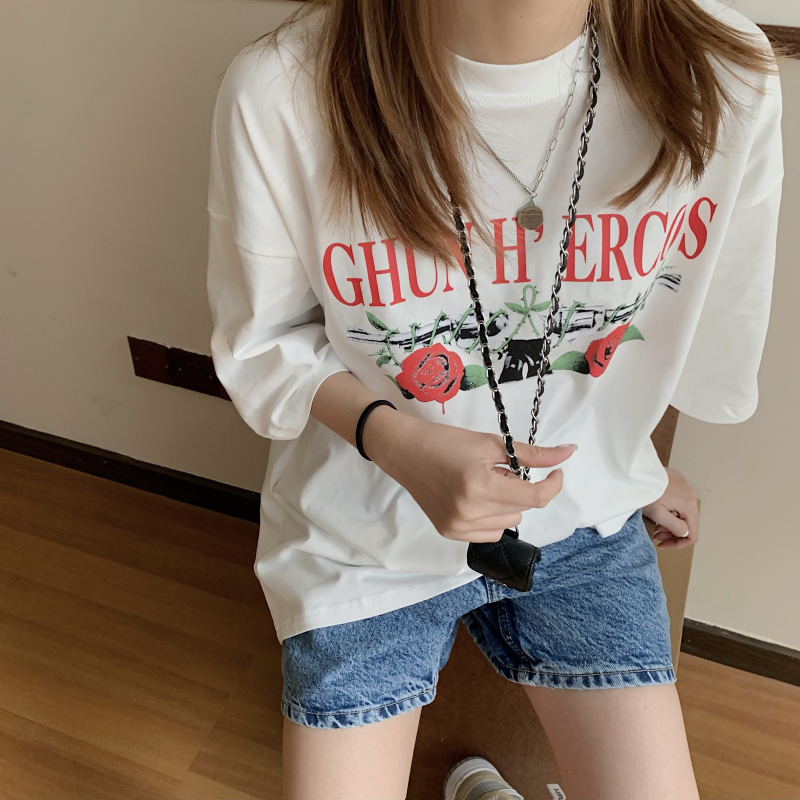 Real price rose personalized printing round neck T-shirt 2021 new fashion Korean loose bottomed T-shirt