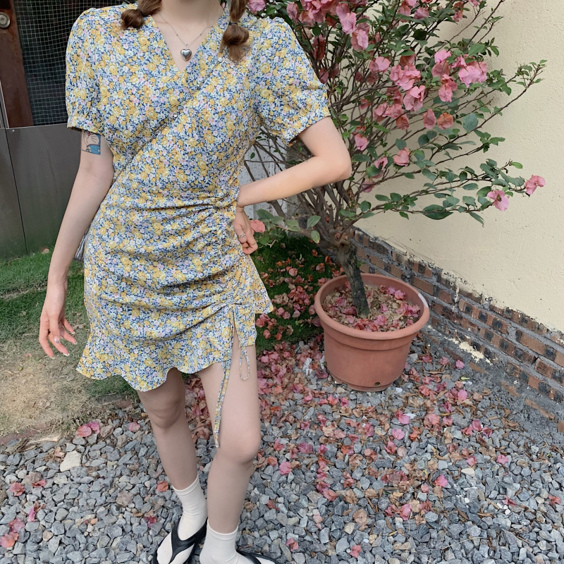 Korean sweet fairy V-neck temperament small floral dress