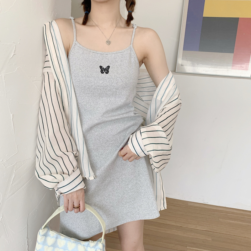 Real price slim off shoulder Butterfly Embroidery suspender dress + loose and lazy versatile striped shirt