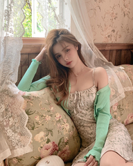 Real price French floral suspender dress summer long skirt versatile white green thin knitted cardigan