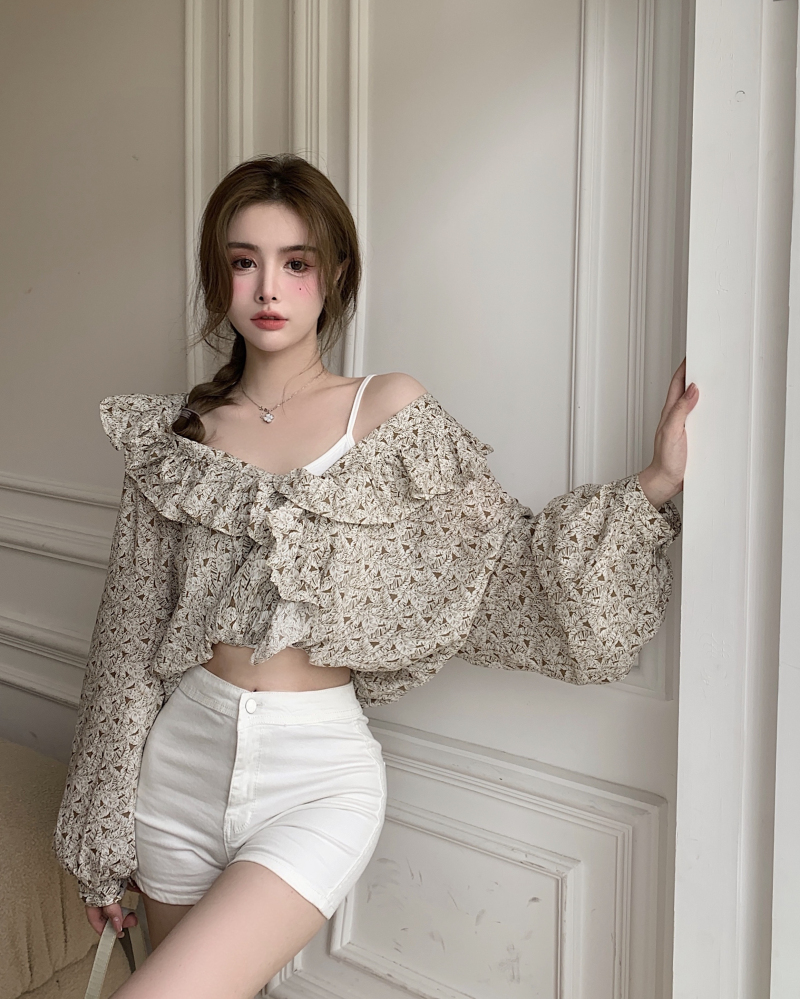 Real price gentle wind fake two pieces of Ruffle shirt spring short off shoulder loose niche design top