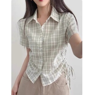 短袖衬衫女款夏季2026新款设计感小个子短款宽松显瘦绑带收腰上衣