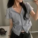 韩国chic夏季 外套女 减龄复古小众设计感拉链短袖 抽绳格子连帽衬衫