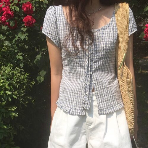 韩系甜美格子短袖衬衫女2026夏季新款设计感小众显瘦百搭气质上衣