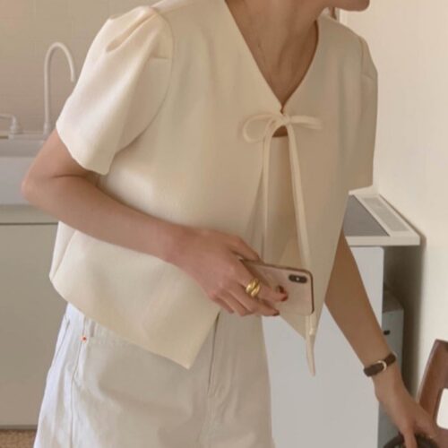 韩国chic夏季新款减龄气质蝴蝶结系带设计感宽松短款泡泡袖外套女